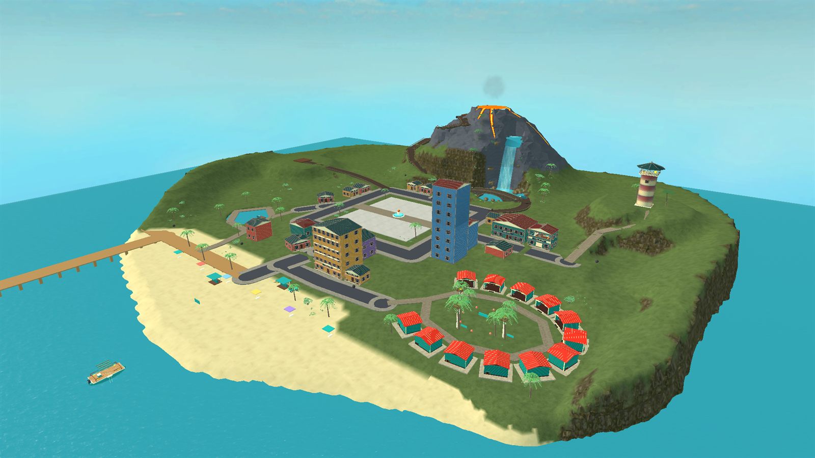 Coconut Chaos island with a smoking volcano, tropical town, beach and turquoise sea