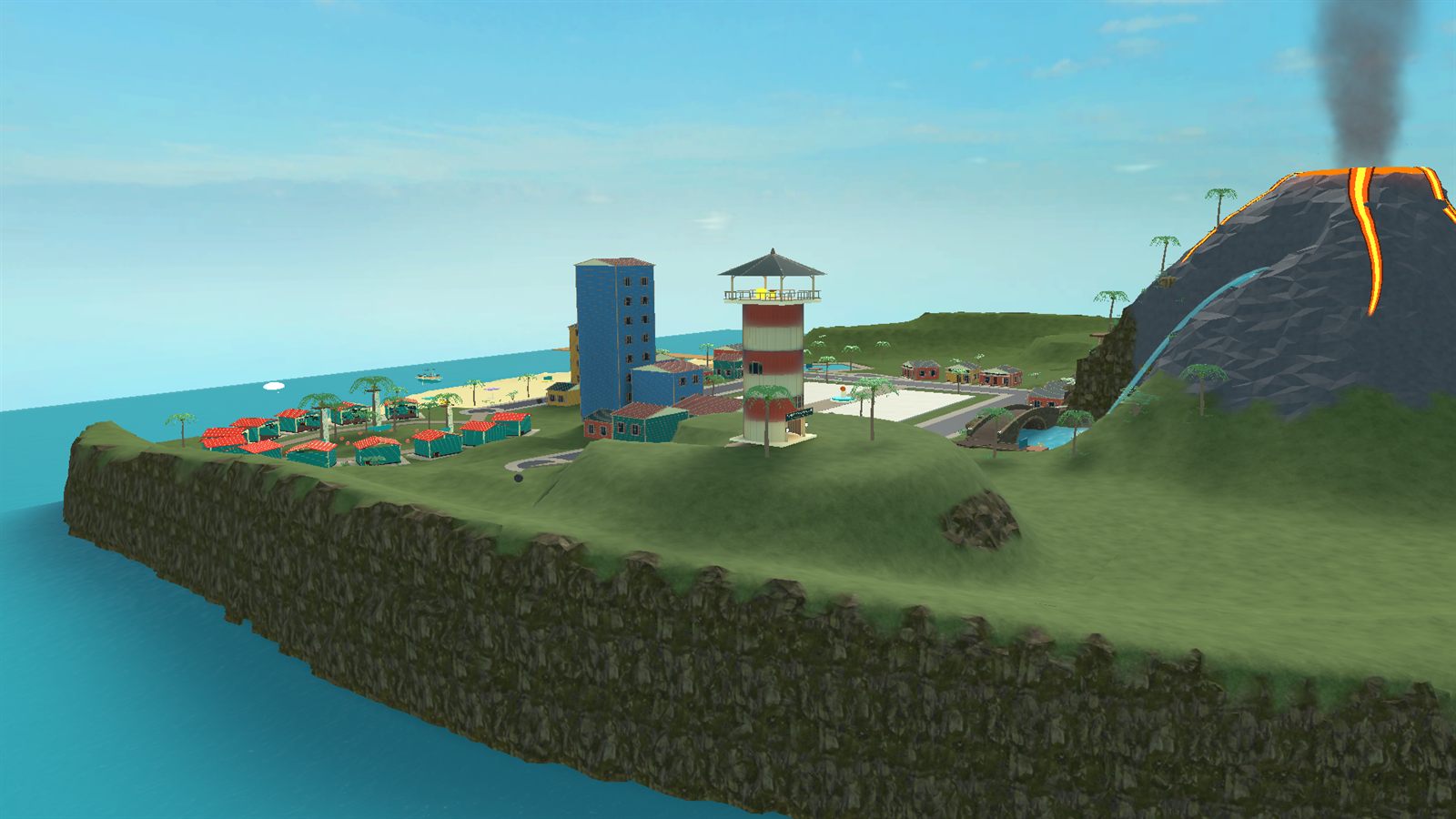 A red-and-white striped lighthouse with a lookout on a grassy headland above rocky cliffs, seen from the sea. The town, a blue tower block and the ring of homes sit to the left, and the volcano with its lava streams rises on the right.