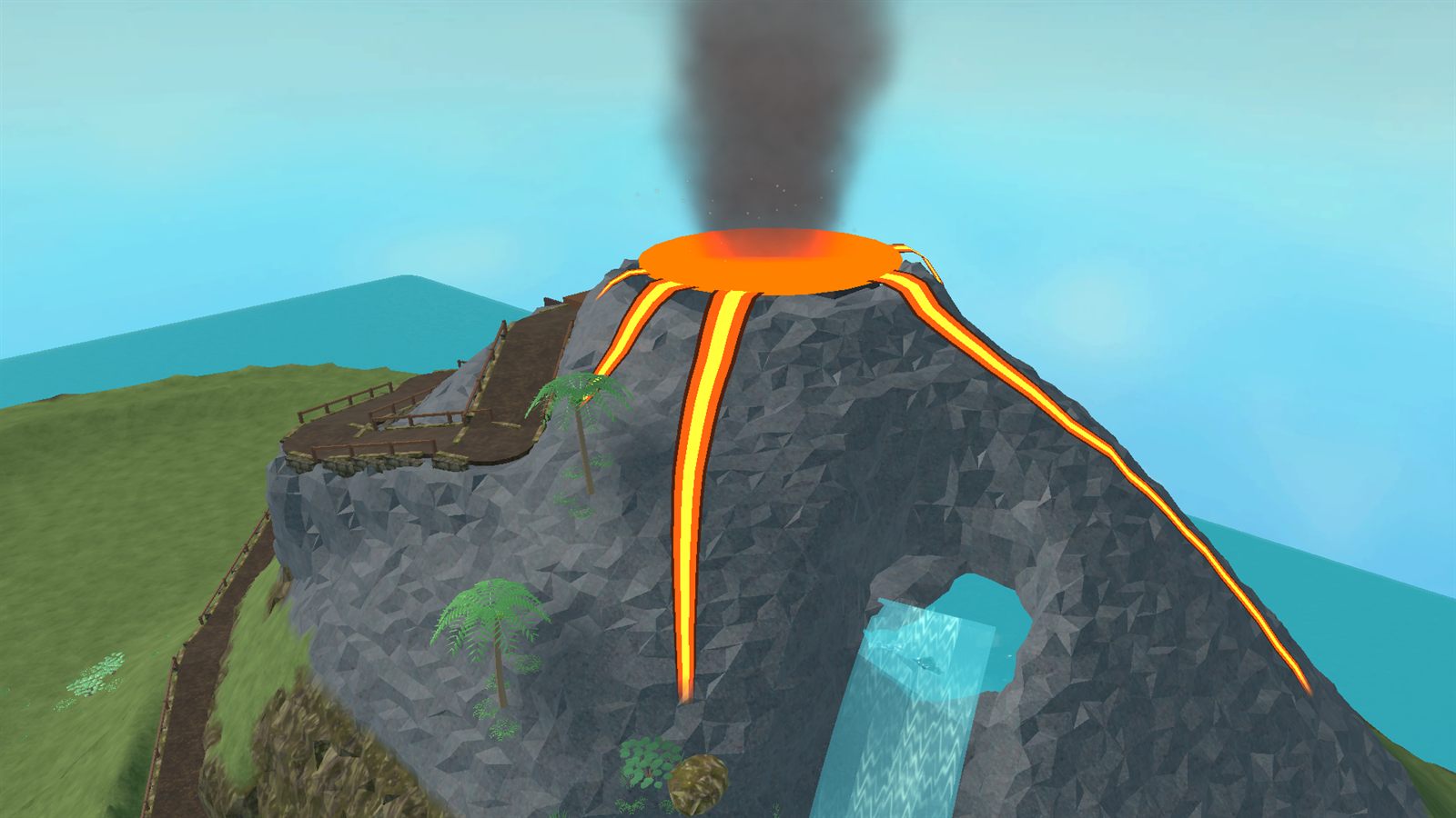 Close-up of the volcano's glowing orange crater, with smoke rising and lava streams running down the grey rock. A wooden boardwalk with railings climbs the slope on the left, and a waterfall pours through a rock arch below.